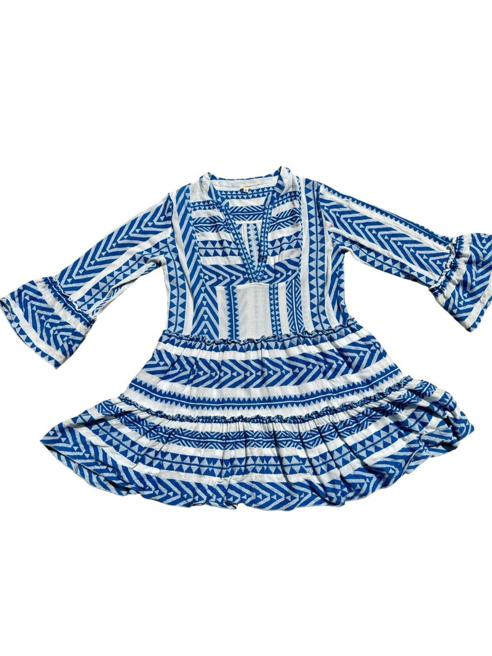 En Crème Short Dress‎ Boho Western Blue & White 3/4 Tulip Sleeves Size L